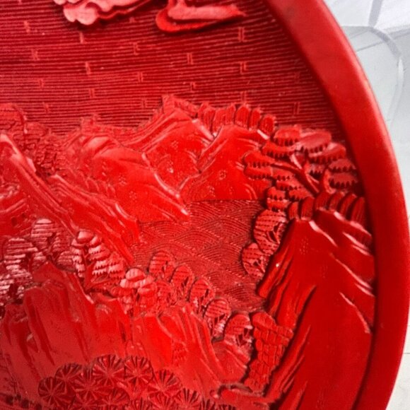 Vintage Chinese Red Cinnabar Hand Carved Wood Plate Landscape 10" - Picture 4 of 10